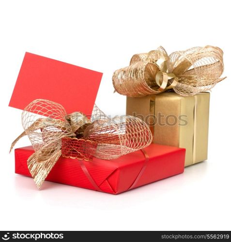 Luxurious gifts with note isolated on white background