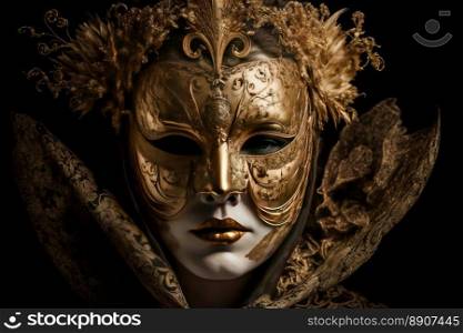 Luxurious golden female costume of Venice Carnival. Character on a black background. Generative AI