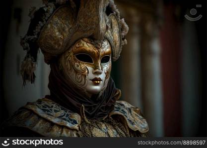 Luxurious golden male costume of Venice Carnival. Character on a black background. Generative AI