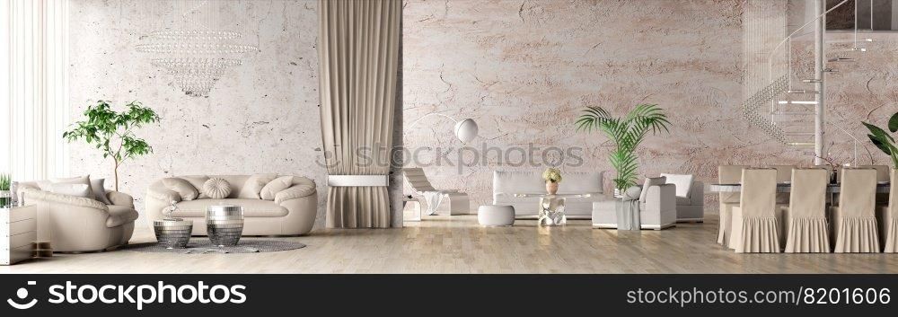 Luxurious interior design with beige sofa, modern mirrored coffee table, chest of drawers. Home with glass staircase, chandeliers, dining room, floor l&. Modern living room in a classic house. 3d  rendering
