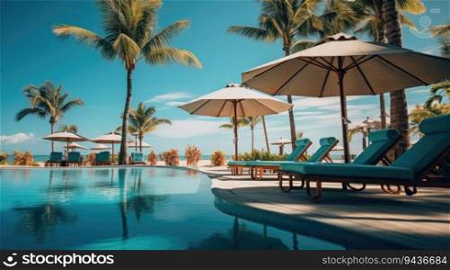 Luxurious swimming pool and loungers umbrellas near beach and sea with palm trees. Generative AI. Luxurious swimming pool and loungers umbrellas near beach and sea with palm trees.