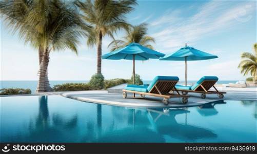 Luxurious swimming pool and loungers umbrellas near beach and sea with palm trees. Generative AI. Luxurious swimming pool and loungers umbrellas near beach and sea with palm trees.