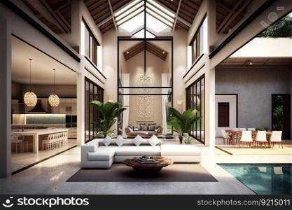 luxurious villa, with high ceilings, open floor plan and modern amenities, created with generative ai. luxurious villa, with high ceilings, open floor plan and modern amenities