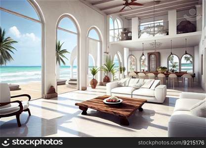 luxurious villa, with marble floors and designer fixtures, overlooking the beach, created with generative ai. luxurious villa, with marble floors and designer fixtures, overlooking the beach