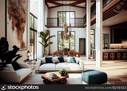 luxurious villa with open floor plan, high ceilings, and contemporary interior design, created with generative ai. luxurious villa with open floor plan, high ceilings, and contemporary interior design