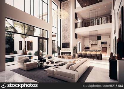 luxurious villa with open floor plan, high ceilings, and contemporary interior design, created with generative ai. luxurious villa with open floor plan, high ceilings, and contemporary interior design