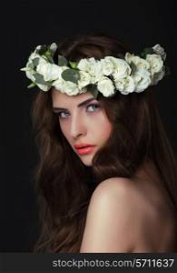 Luxurious Woman in Chaplet of Fresh Flowers
