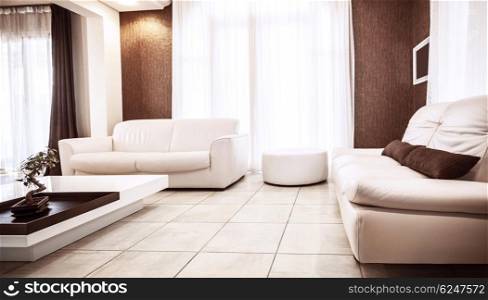 Luxury apartment design, white leather couch, luxurious table, brown decoration, stylish living room, modern home interior concept
