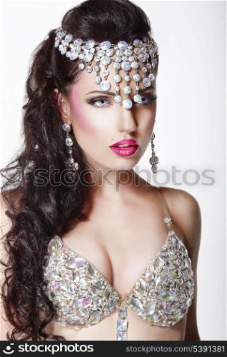 Luxury. Aristocratic Woman in Glossy Crown with Jewelry