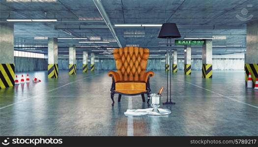 luxury armchair in a urban empty parking. 3d concept