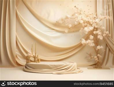 Luxury background with product display podium with silk and japanes background. gold liquid elements decoration. AI Generative