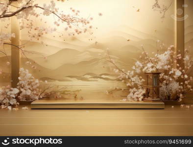 Luxury background with product display podium with silk and japanes background. gold liquid elements decoration. AI Generative