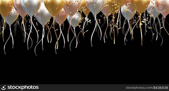 Luxury balloons and foil confetti falling on white background with copy space 3d render