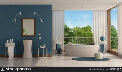 Luxury bathroom of a modern villa with round bathtub and washbasin - 3d rendering. Luxury bathroom with round bathtub and washbasin