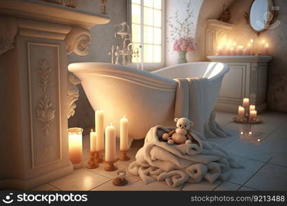 luxury bathroom with baby bathtub, plush towels and aromatic candles, created with generative ai. luxury bathroom with baby bathtub, plush towels and aromatic candles