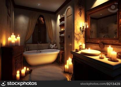 luxury bathroom with baby bathtub, plush towels, and candlelight for soothing experience, created with generative ai. luxury bathroom with baby bathtub, plush towels, and candlelight for soothing experience