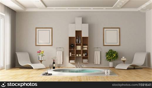 Luxury bathroom with built-in round bathtub, chaise lounges and cabinet on wall - 3d renderimg. Luxury bathroom with built-in round bathtub