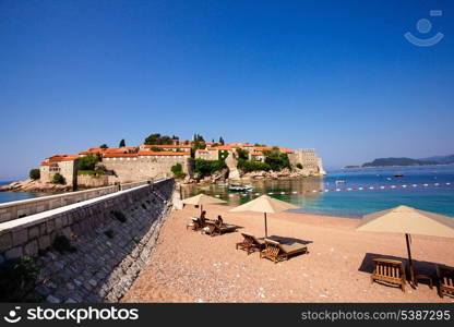 Luxury beach at the St. Stefan, Montenegro. Adriatic Seashore