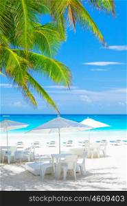 Luxury beach cafe on beautiful clean seashore, blue cloudy sky, peaceful sea, fresh green palm tree leaves, exotic nature, tropical resort&#xA;