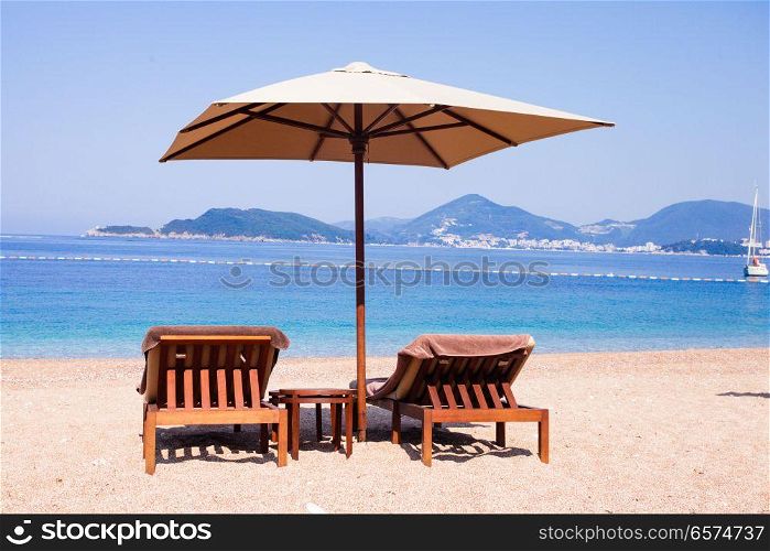 Luxury beach view. Luxury beach at the Adriatic Sea, St. Stefan, Montenegro. Luxury beach view