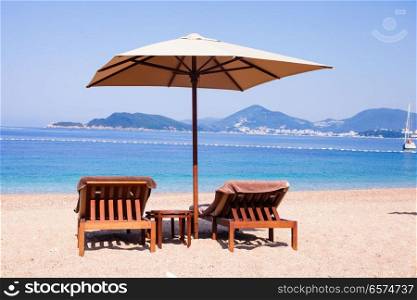 Luxury beach view. Luxury beach at the Adriatic Sea, St. Stefan, Montenegro. Luxury beach view
