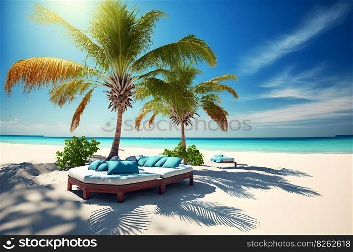 Luxury beach with chillout lounge place for rest next to sea shore under the palm trees. Neural network AI generated art. Luxury beach with chillout lounge place for rest next to sea shore under the palm trees. Neural network generated art
