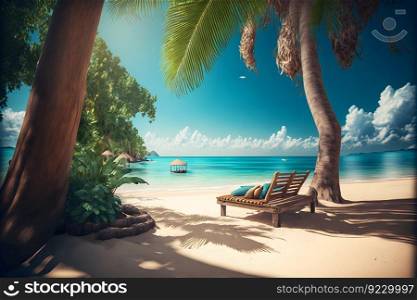 Luxury beach with chillout lounge place for rest next to sea shore under the palm trees. Neural network AI generated art. Luxury beach with chillout lounge place for rest next to sea shore under the palm trees. Neural network generated art