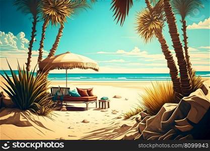 Luxury beach withχllout loun≥place for rest≠xt to sea shore under the palm trees. Neural≠twork AI≥≠rated art. Luxury beach withχllout loun≥place for rest≠xt to sea shore under the palm trees. Neural≠twork≥≠rated art