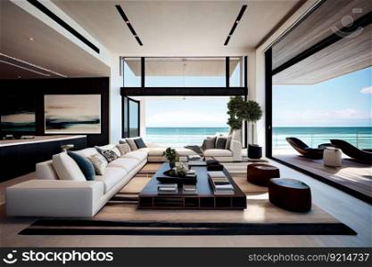 luxury beachfront villa with modern furnishings and sleek design details, created with generative ai. luxury beachfront villa with modern furnishings and sleek design details