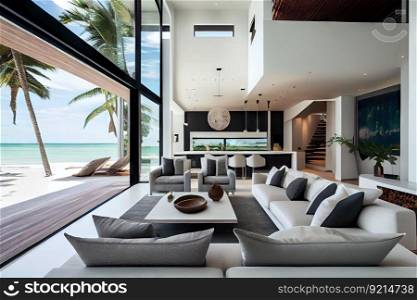 luxury beachfront villa with modern furnishings and sleek design details, created with generative ai. luxury beachfront villa with modern furnishings and sleek design details