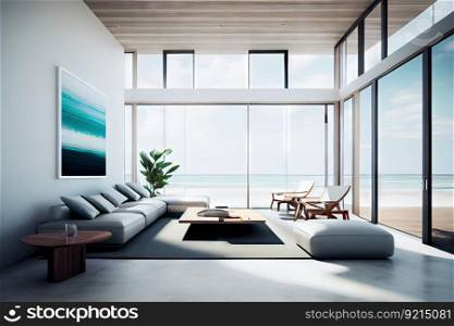luxury beachfront villa, with open and contemporary interior design, featuring sleek furniture, natural materials and modern amenities, created with generative ai. luxury beachfront villa, with open and contemporary interior design, featuring sleek furniture, natural materials and modern amenities