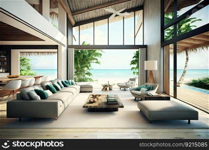 luxury beachfront villa, with open and contemporary interior design, featuring sleek furniture, natural materials and modern amenities, created with generative ai. luxury beachfront villa, with open and contemporary interior design, featuring sleek furniture, natural materials and modern amenities