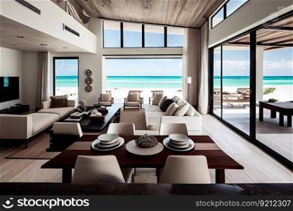 luxury beachfront villa with open-concept interior, featuring sleek and modern furnishings, created with generative ai. luxury beachfront villa with open-concept interior, featuring sleek and modern furnishings