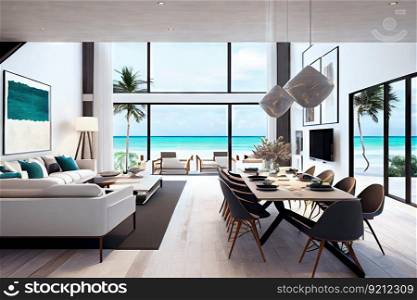 luxury beachfront villa with open-concept interior, featuring sleek and modern furnishings, created with generative ai. luxury beachfront villa with open-concept interior, featuring sleek and modern furnishings
