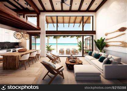 luxury beachfront villa with open-concept living room, kitchen, and dining area, created with generative ai. luxury beachfront villa with open-concept living room, kitchen, and dining area