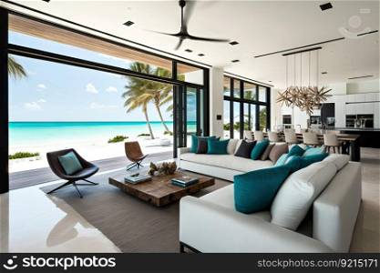 luxury beachfront villa with open living space, modern furnishings and sleek decor, created with generative ai. luxury beachfront villa with open living space, modern furnishings and sleek decor