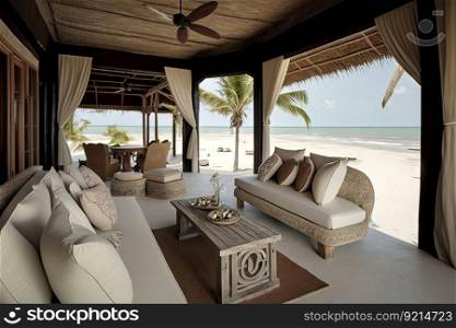 luxury beachfront villa, with plush seating and designer decor, for relaxing getaway, created with generative ai. luxury beachfront villa, with plush seating and designer decor, for relaxing getaway