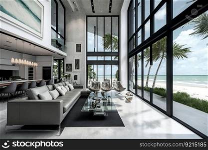 luxury beachfront villa with sleek, modern interior, featuring glass and metal accents, created with generative ai. luxury beachfront villa with sleek, modern interior, featuring glass and metal accents