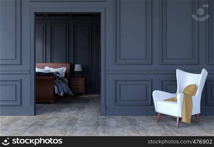 Luxury bedroom interior in modern classical design with armchair and copy space on empty wall, 3D Rendering