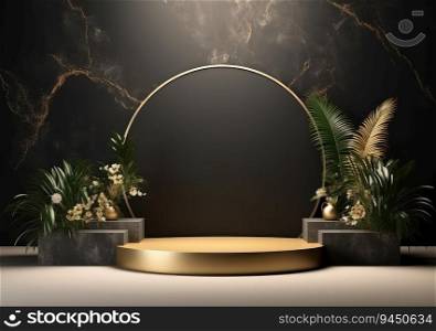 Luxury black and gold round podium and vertical golden stripes background. Abstract 3d shape for advertising products display. Minimal scene studio room. AI Generative