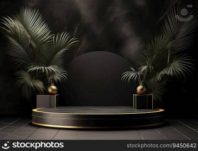 Luxury black and gold round podium and vertical golden stripes background. Abstract 3d shape for advertising products display. Minimal scene studio room. AI Generative