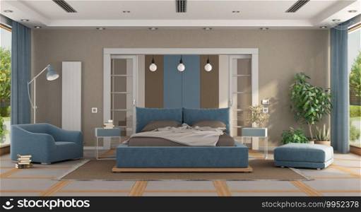 Luxury blue and brown master bedroom with double bed,armchair,footstool and dressroom on background - 3d rendering. Luxury blue and brown master bedroom
