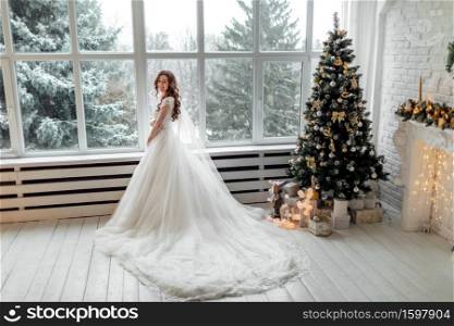 Luxury bride in wedding dress for Christmas near the large panoramic window. Luxury bride in wedding dress for Christmas. Charming bride in an elegant wedding dress. Bride in luxurious suites. Luxury bride in wedding dress for Christmas near the large panoramic window. Luxury bride in wedding dress for Christmas. Charming bride in an elegant wedding dress. Bride in luxurious suites.