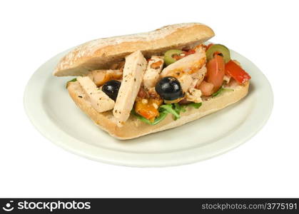 Luxury Brown ciabatta bread spicy chicken strips on a white background.