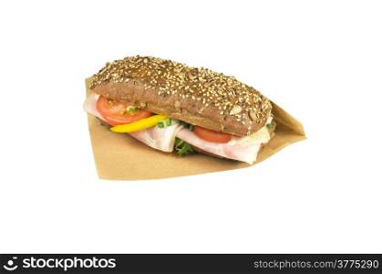 Luxury brown ciabatta sandwich ham and mustard on a white background.