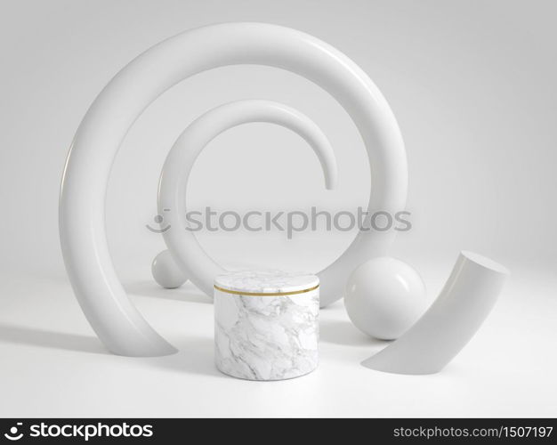 Luxury clean white marble stage for show products or cosmetics with helix curve, 3d illustration
