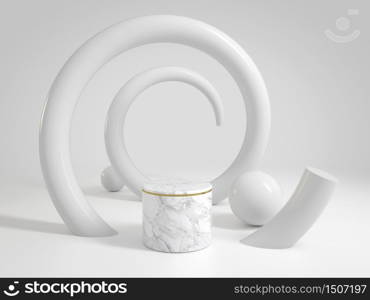 Luxury clean white marble stage for show products or cosmetics with helix curve, 3d illustration