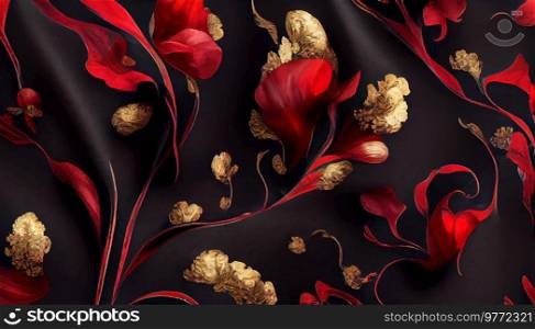 luxury cloth with artistic floral shapes, black threads on red silk, 3D illustration. luxury cloth with floral shapes