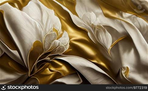 luxury cloth with artistic floral shapes, golden threads on white silk, 3D illustration. luxury cloth with floral shapes