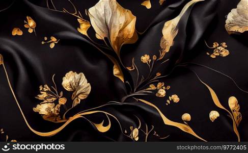 luxury cloth with floral and leaf shapes, golden threads on black silk, 3D illustration. luxury cloth with floral shapes